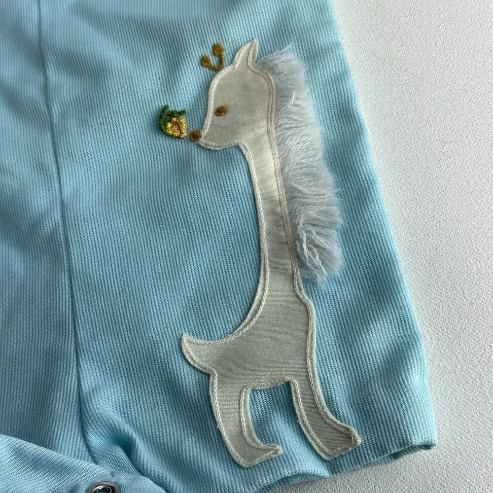 Vintage Nannekins By Nannette White giraffe Blue Button Romper 6-9 Months